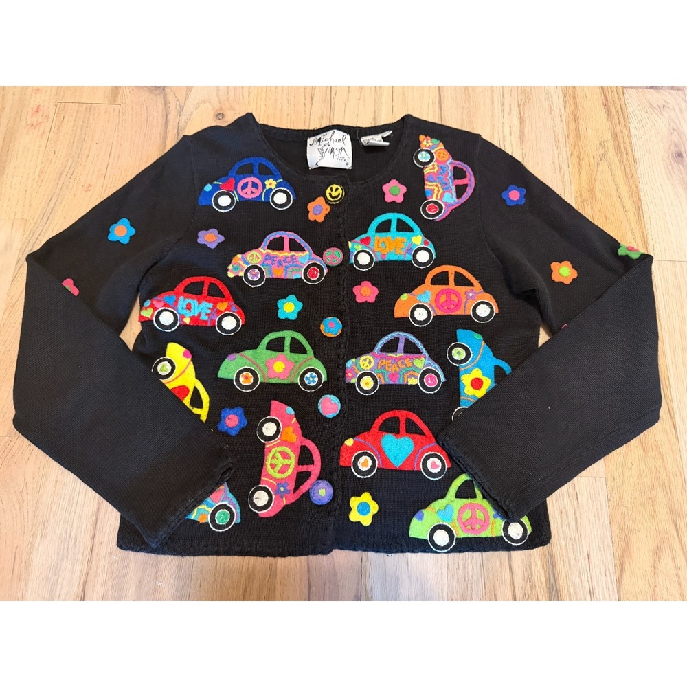 Vintage 1998 Michael Simon NY Peace Love Cars Cardigan Sweater Flower Power Sm